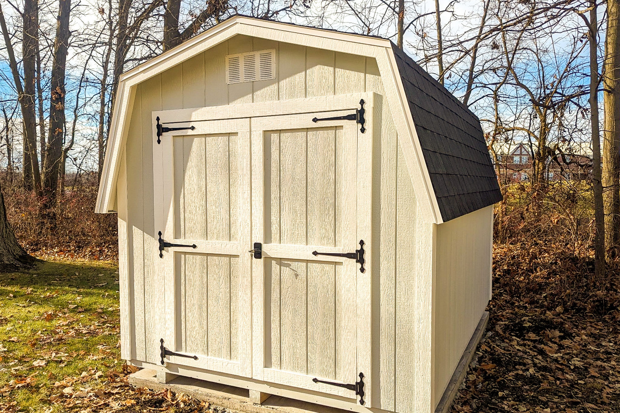One of our classic sheds in Whitehall OH - White wood siding with black hinges on double doors beneath black shingled roof - shed sits near bet of autumn leaves - brown modern building visible through barren branches